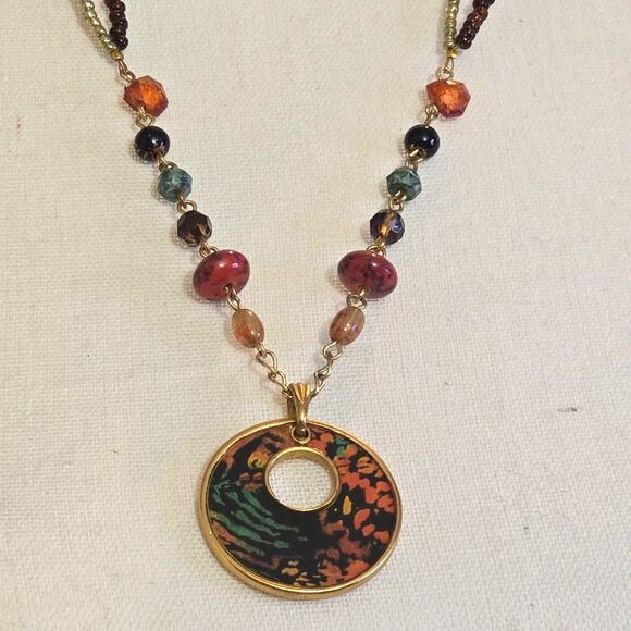 Chico's Beaded Necklace Collar Multicolor Brown Gold Earthy Color Tones 22" Long - Picture 8 of 8